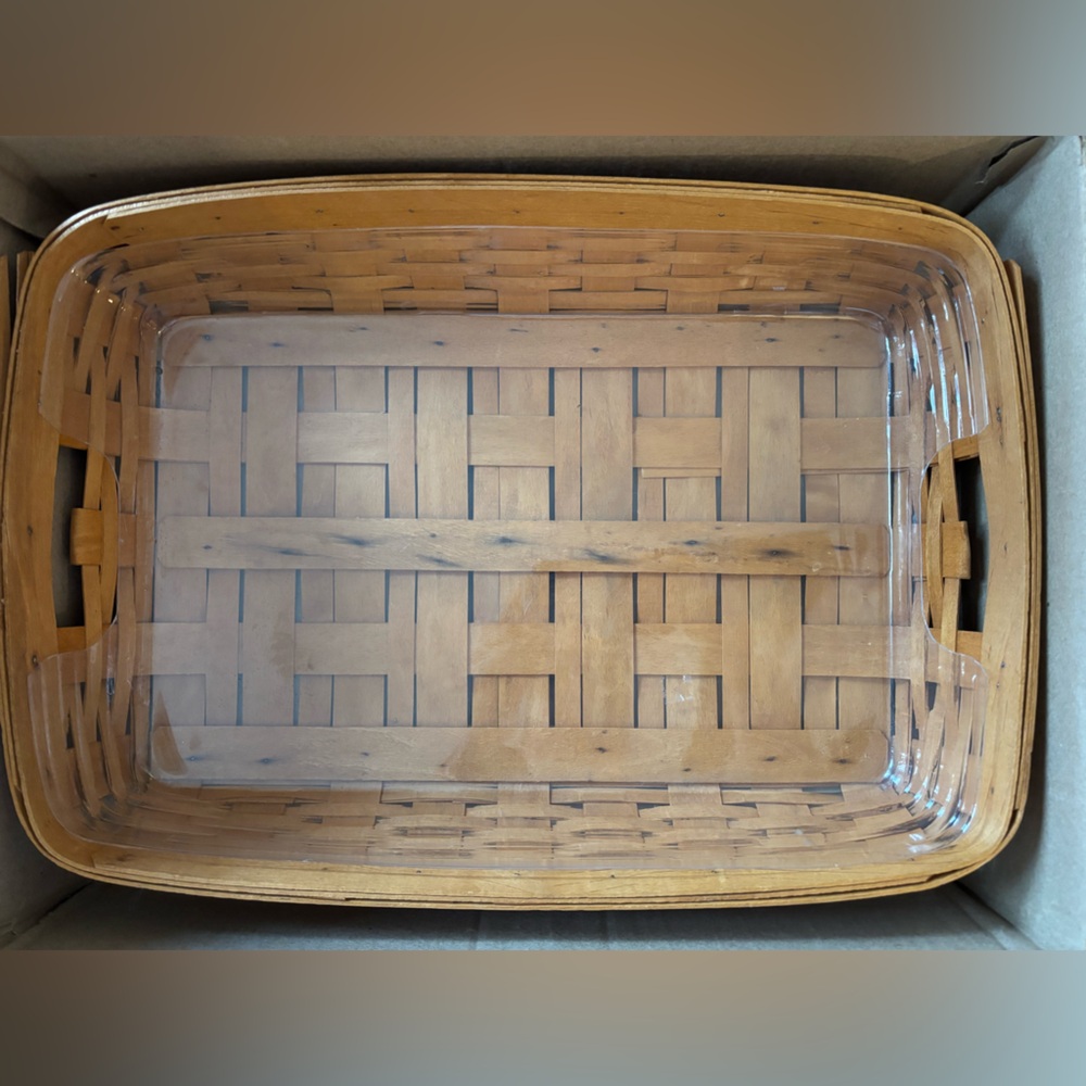 Longaberger Woven Casserole Basket with Clear Plastic and Floral Fabric Liner